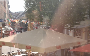 Blurry but colourful view into Pontstraße, heart of the Student quarter, Café next to café